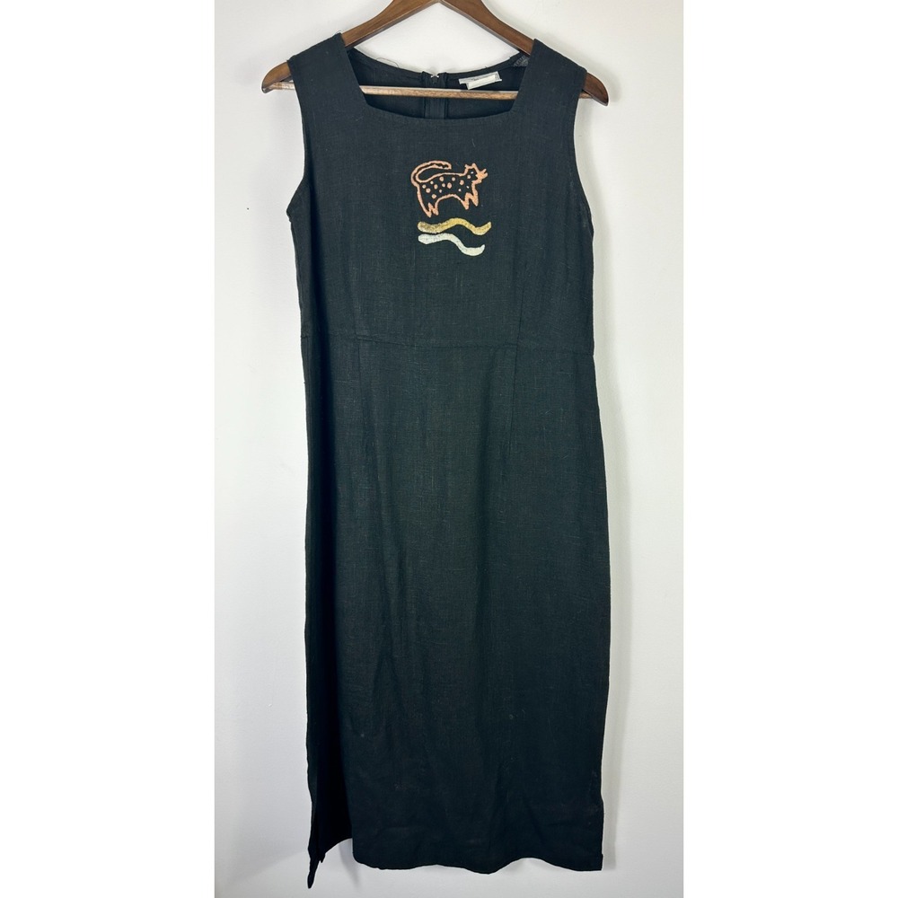 VTG 90s Black Linen Maxi Dress Womens 12 Novelty Cat Sleeveless Whimsigoth Artsy